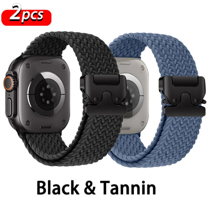 Apple Watch Parachute Strap set in Black and Tannin colors, featuring braided nylon for comfort and breathability.