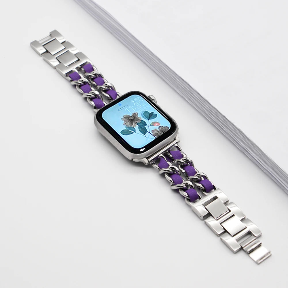 Woven-Accent Chain Apple Watch Bracelet Band in Silver / Purple