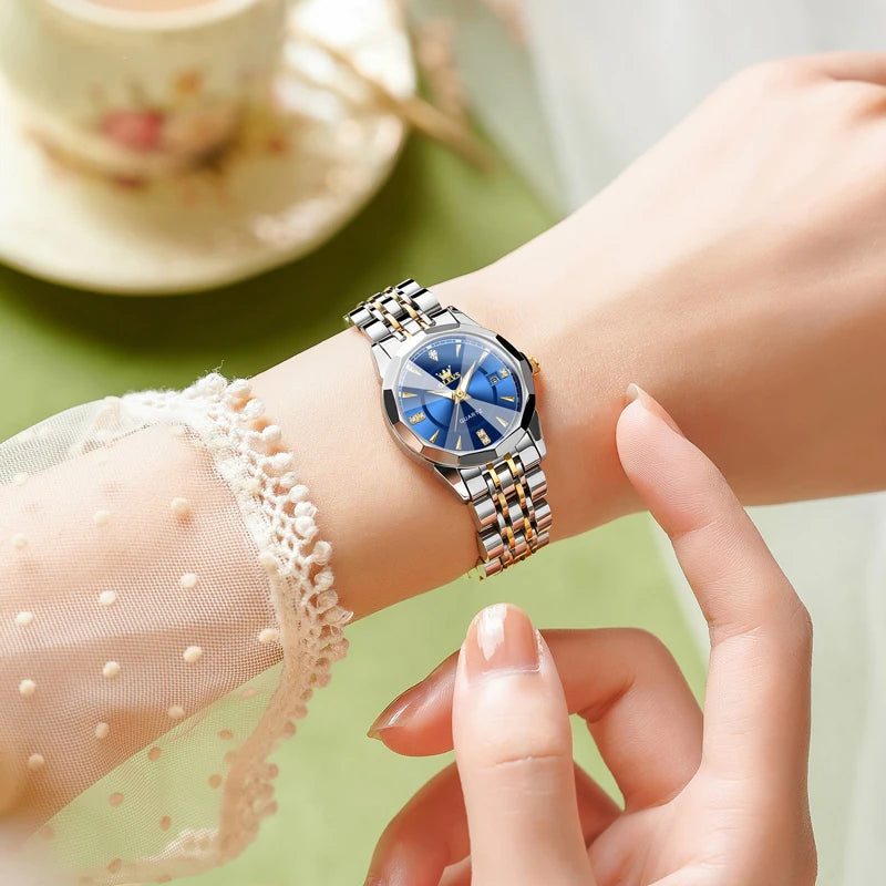Women's Faceted Dial Quartz Bracelet Watch — Two-tone blue dial watch worn on wrist — BandsCo Straps