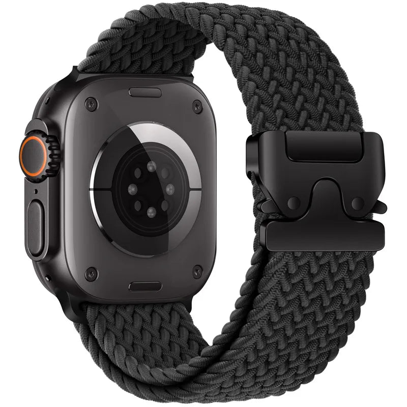 Apple Watch with black braided nylon parachute strap, showcasing a stylish and durable design for everyday wear.