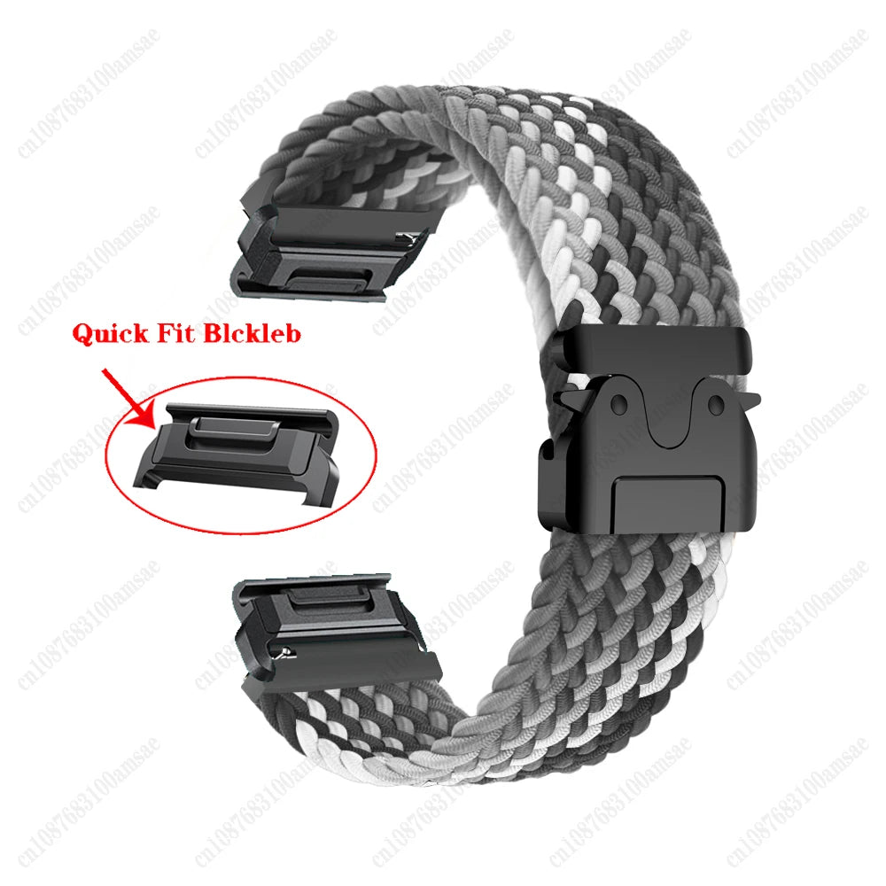 Garmin braided nylon strap with Quick Fit connector, designed for smartwatch replacement bands in stylish colors.