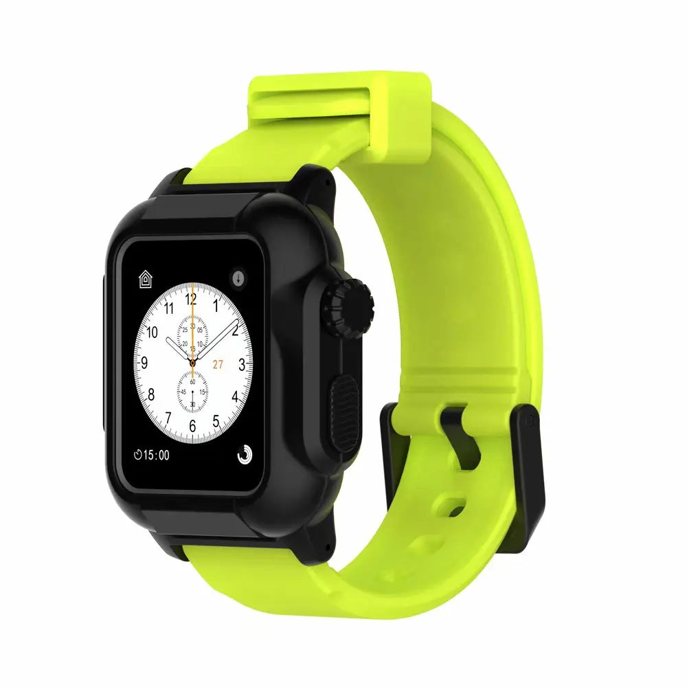 Apple Watch with black case and bright yellow silicone strap, featuring a waterproof luminous design for versatility.