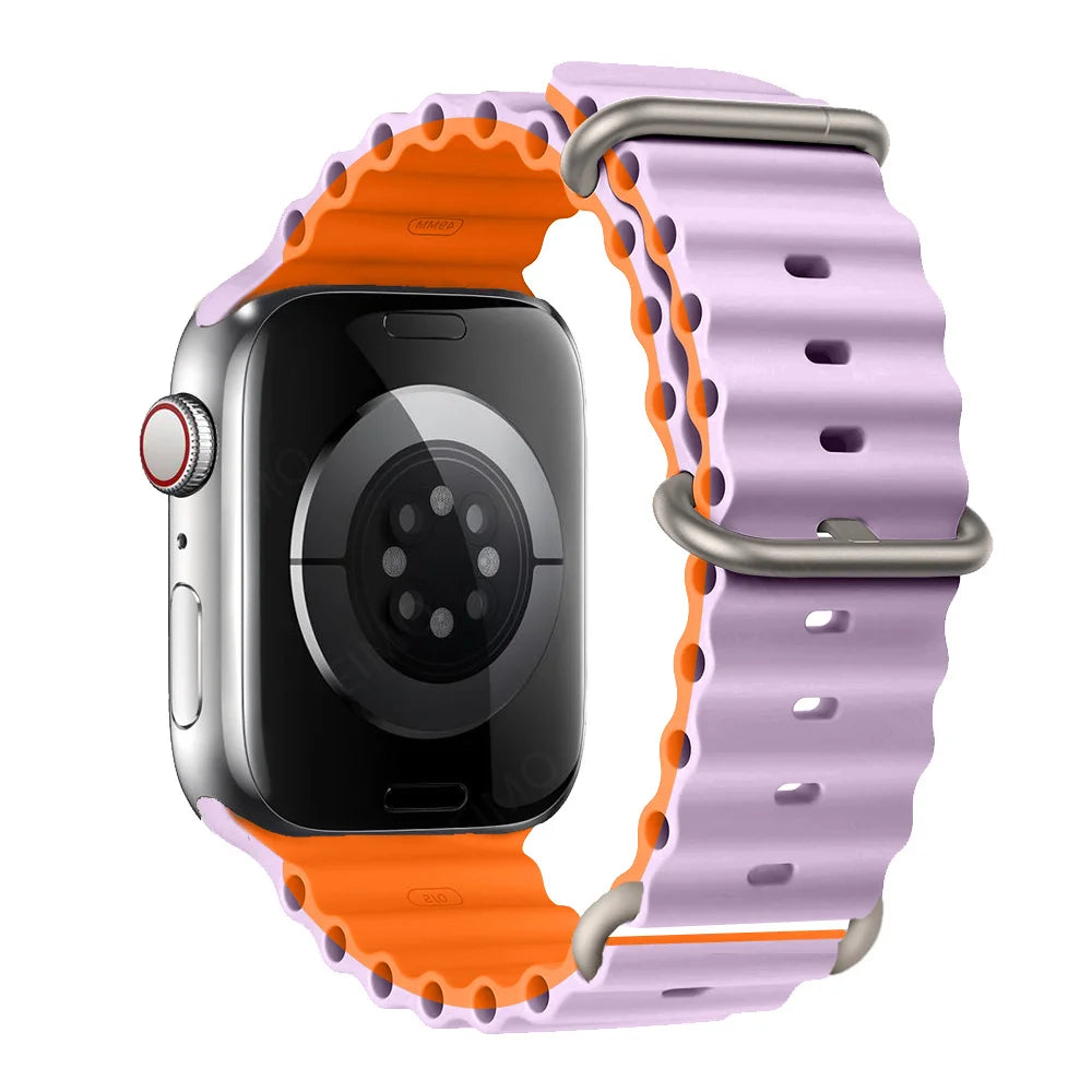 Apple Watch with colorful silicone strap in purple and orange, featuring a waterproof and breathable design for comfort.