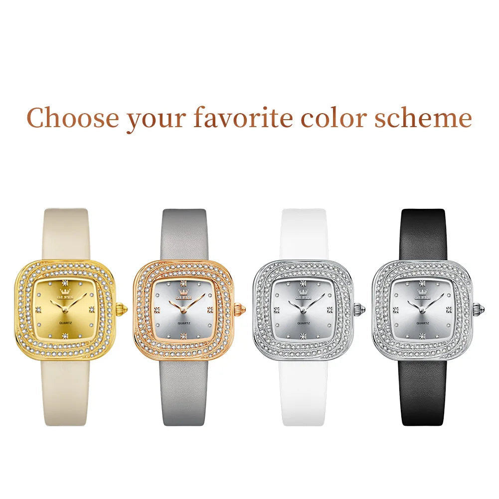 Women's Square Crystal Bezel Leather Watch — Four strap and case color options — BandsCo Straps