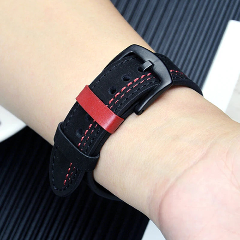 Samsung Galaxy Leather Watch Band No Gap Replacement For Ultra/Ultra2 on wrist with red accents and black design.