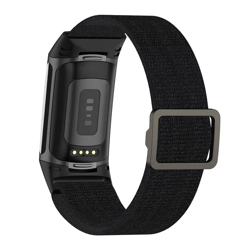 Fitbit Charge 5 Elastic Nylon Loop Band in black, soft and adjustable strap for comfort during workouts.