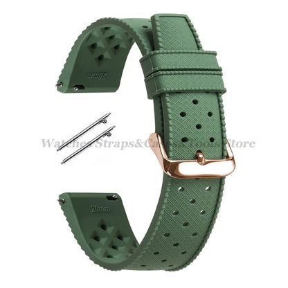 Garmin 18/20/22mm Quick Release Tropic-Style Silicone Band in Green with Rose Gold Buckle