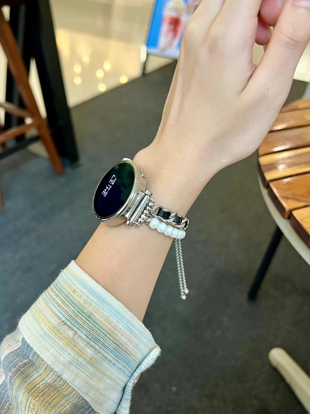 Garmin Women's Pearl Chain Bracelet worn on a wrist