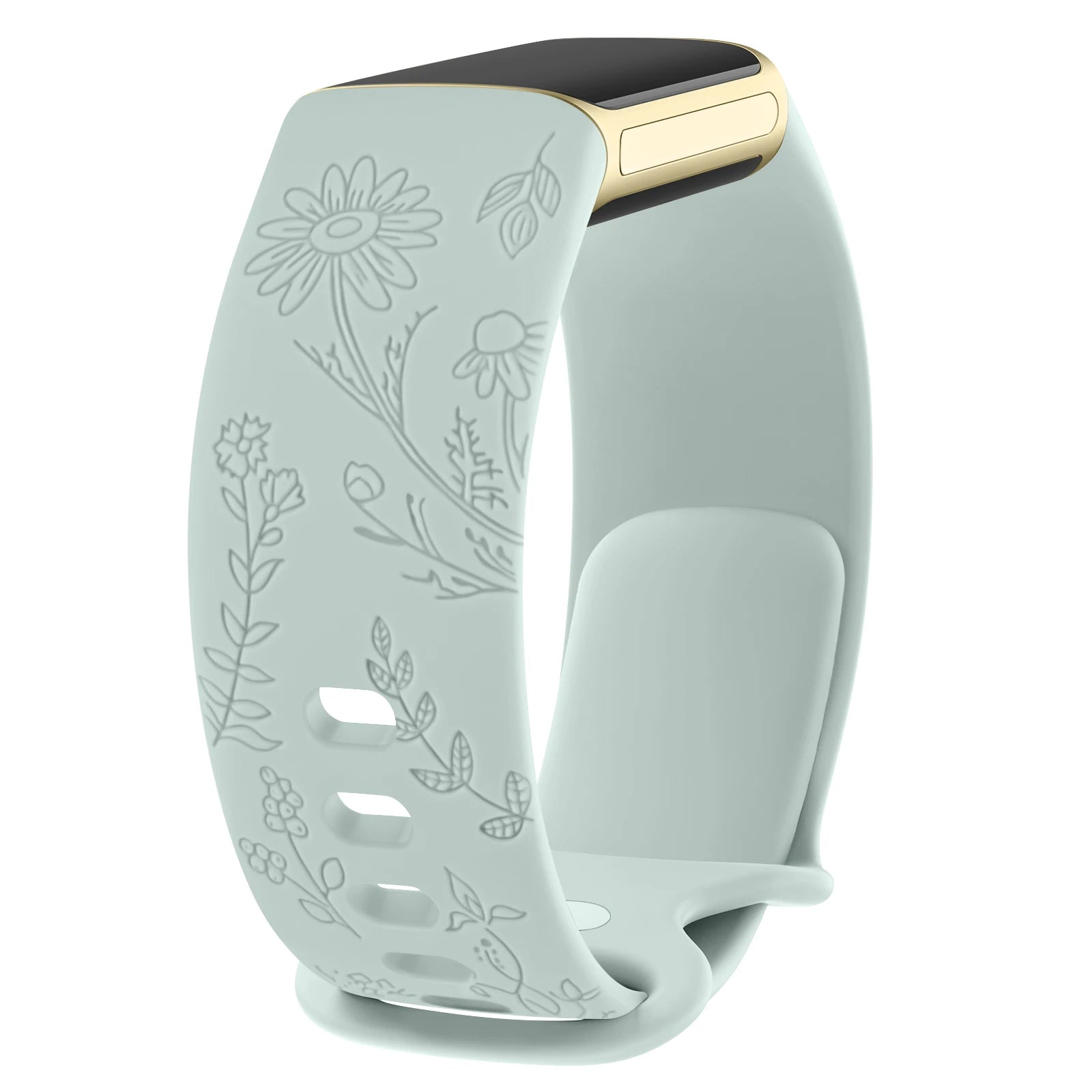 Fitbit Charge 5 6 silicone strap with flower engravings, stylish and comfortable smartwatch band.