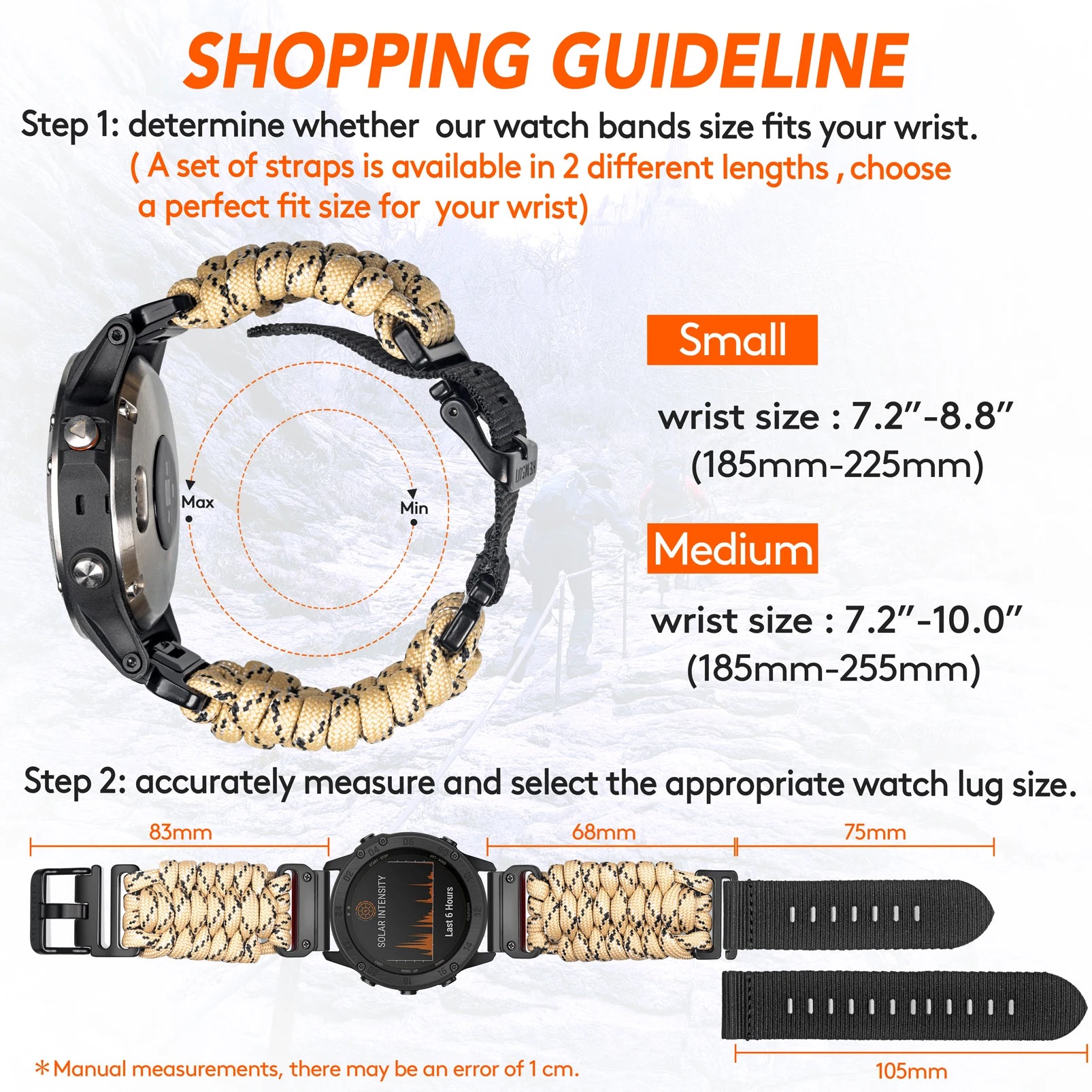 Shopping guide for Garmin Paracord watch bands, showing size options and measurement instructions for a perfect fit.