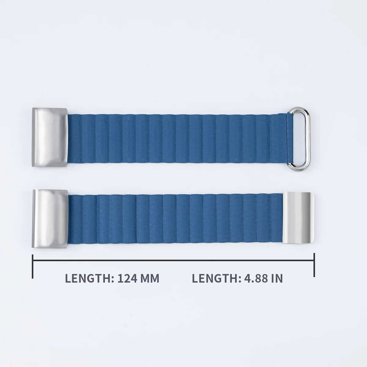Blue smartwatch band with silver clasps, 124 mm long, perfect for enhancing your Garmin device style and comfort.