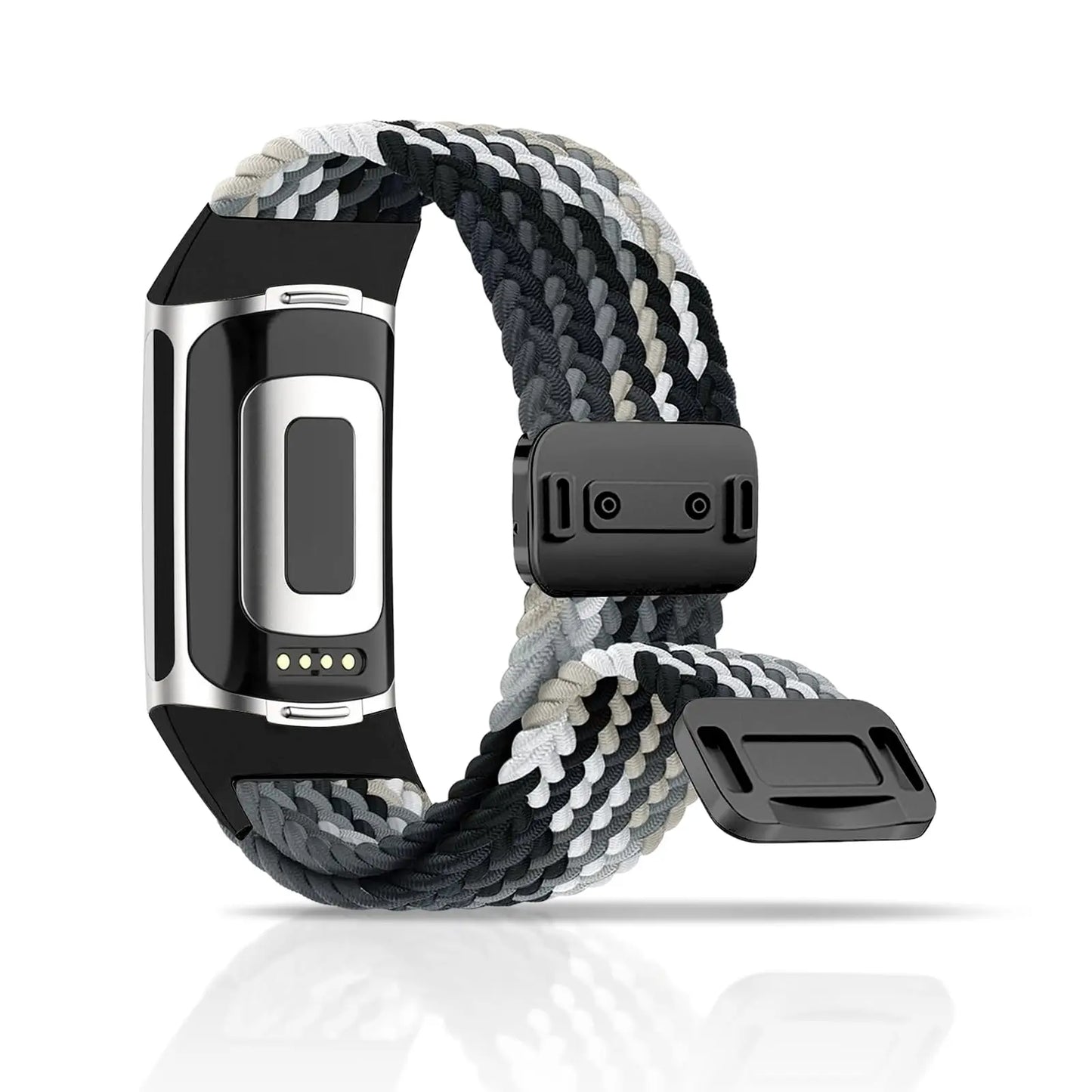 Fitbit Charge 5 & 6 braided band in black, gray, and white with magnetic buckle, perfect for smartwatch users.