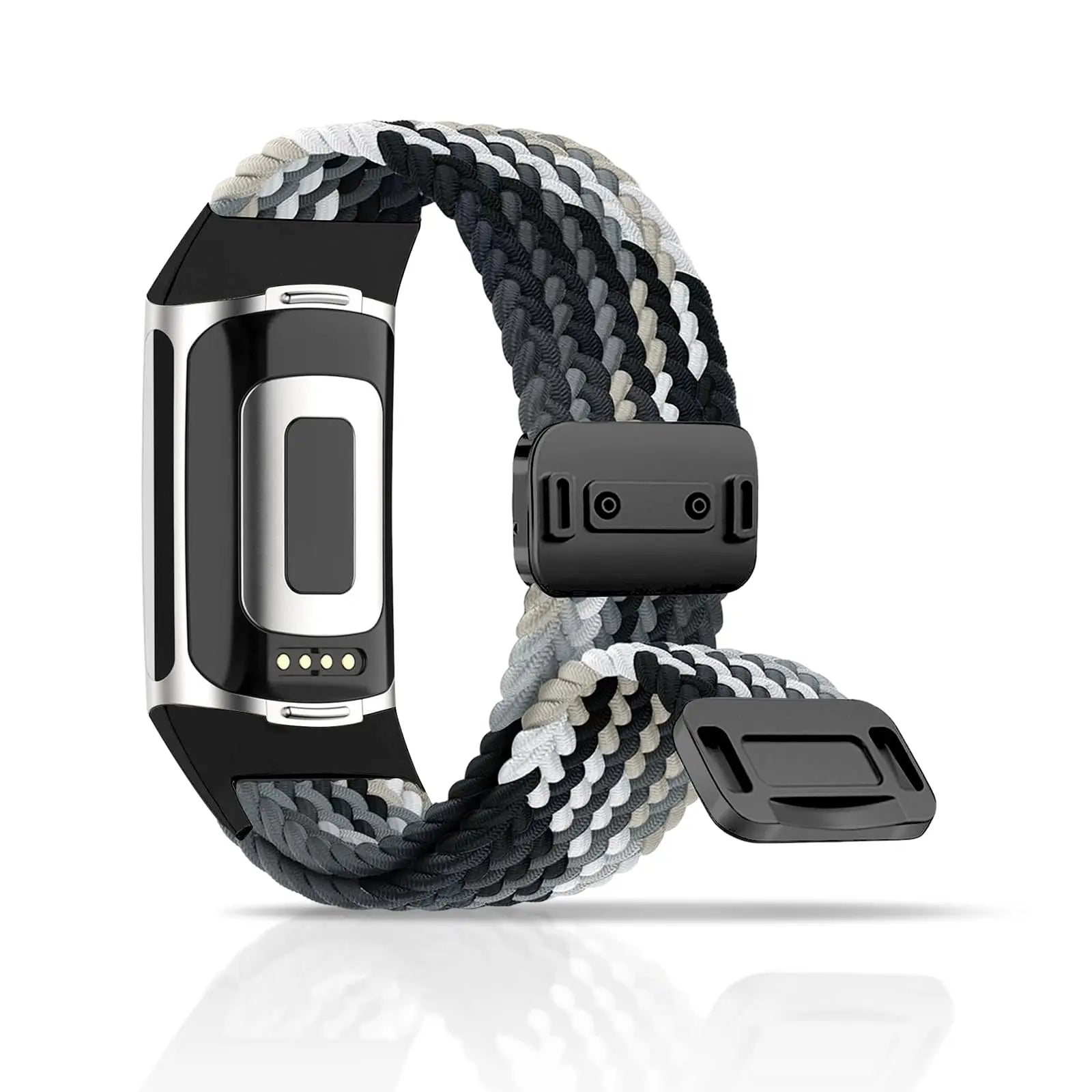 Fitbit Charge 5 & 6 braided band in black, gray, and white with magnetic buckle, perfect for smartwatch users.