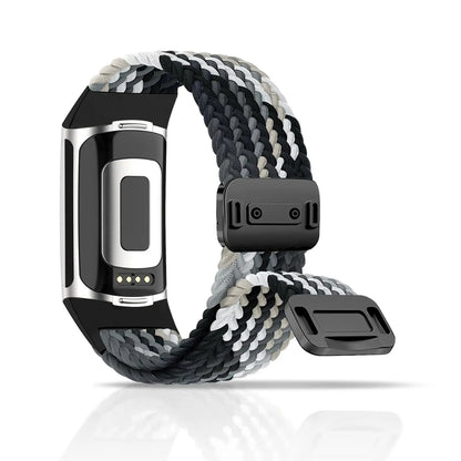 Fitbit Charge 5 & 6 braided band in black, gray, and white with magnetic buckle, perfect for smartwatch users.
