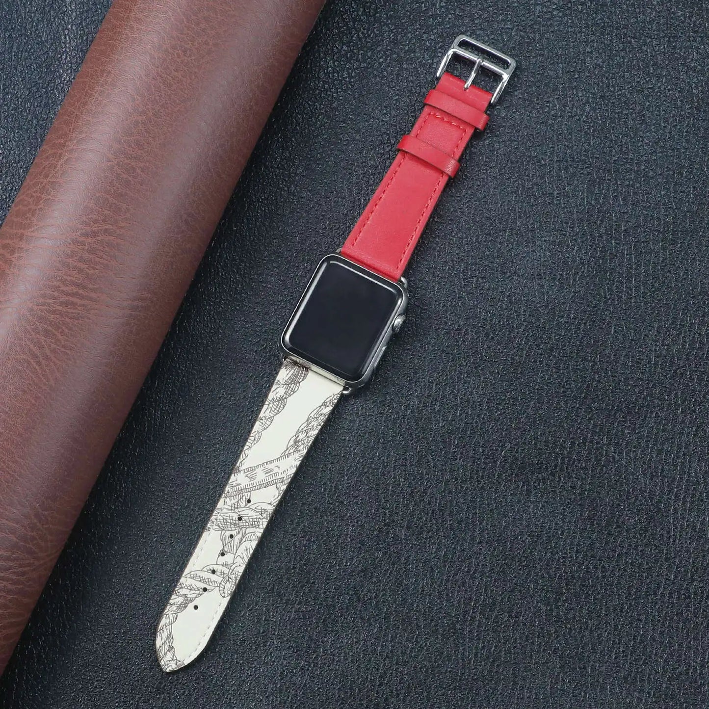 Apple Watch Fabric Band in red and patterned design, showcasing durability and style on a sleek black background.