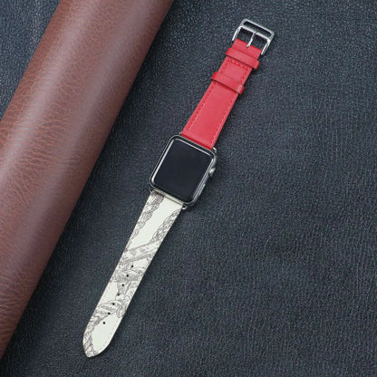 Apple Watch Fabric Band in red and patterned design, showcasing durability and style on a sleek black background.