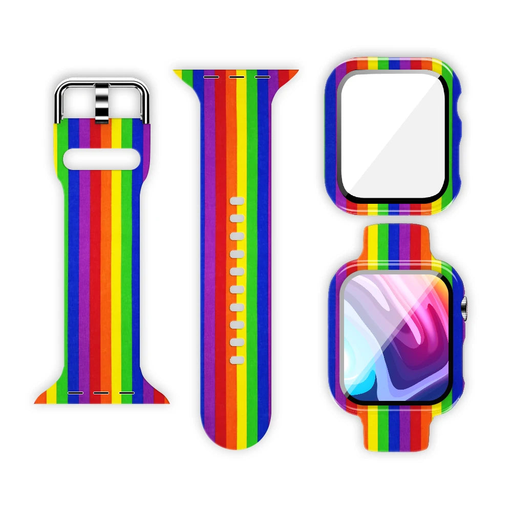 Colorful rainbow-striped Apple Watch silicone strap and matching watch case, perfect for personal style and comfort.