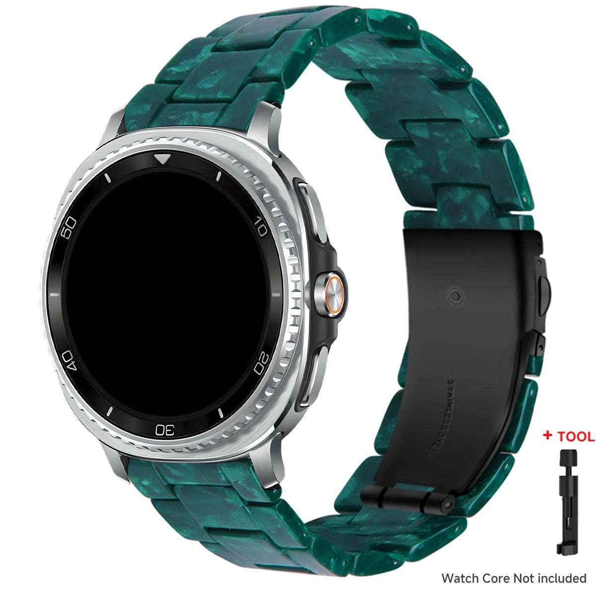 Samsung Galaxy Resin Link Watch Band - Tortoise Women Watch8/Watch8 Classic/Watch9 Ultra/Ultra2 in DGrB color on smartwatch.