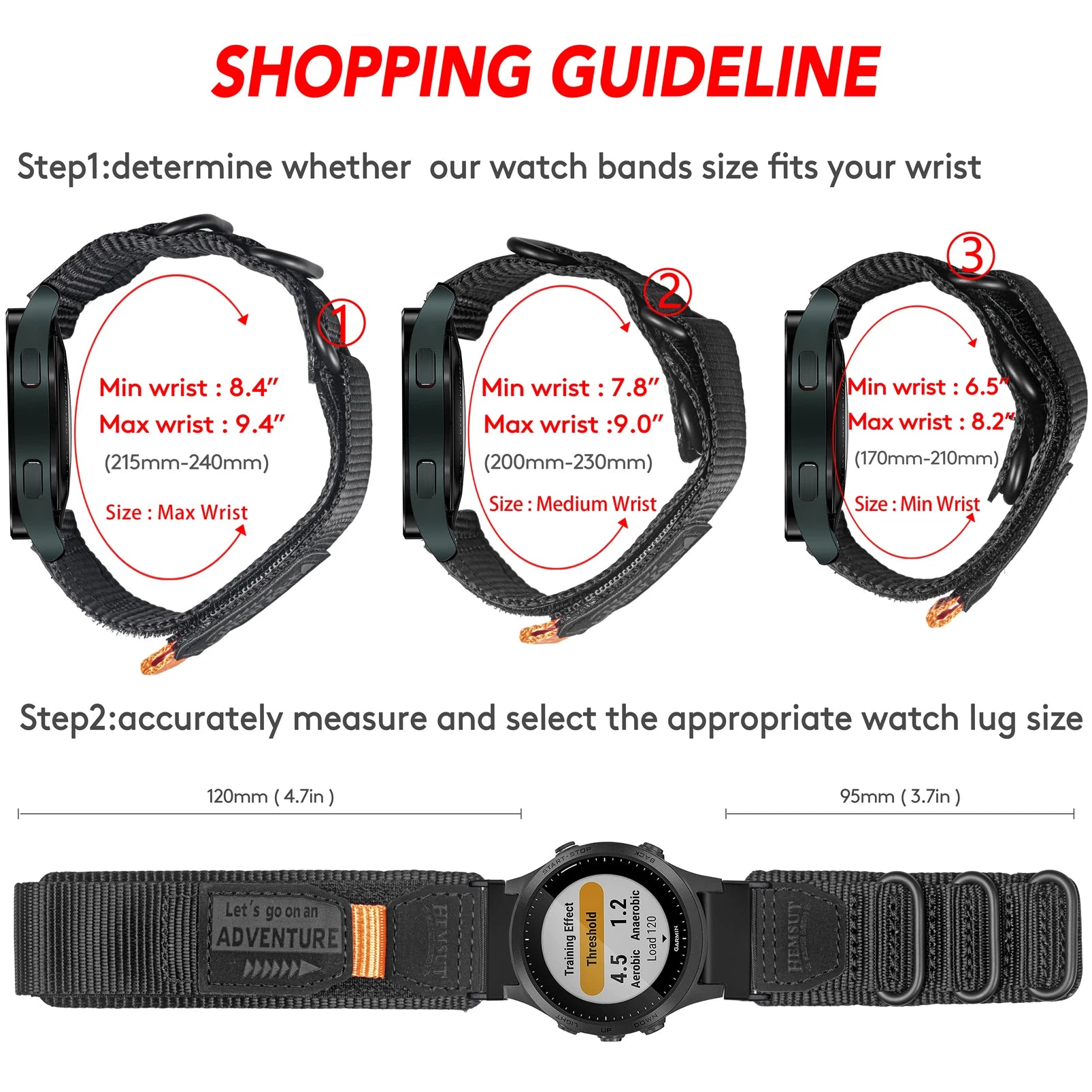 Shopping guide for choosing Garmin watch band size with measurements for wrist fit and watch lug size.