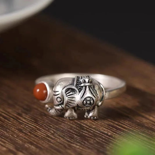 Red Agate Elephant Ring, 925 Sterling Silver - view 1