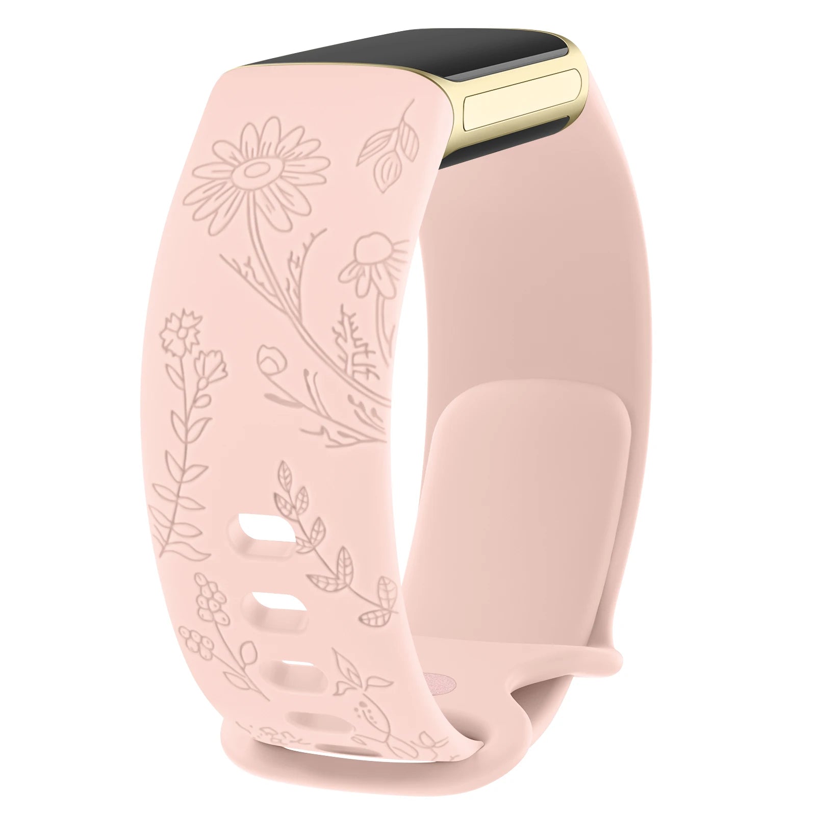 Stylish pink silicone flower engraved strap for Fitbit Charge 5 and Charge 6, adding elegance to your smartwatch.