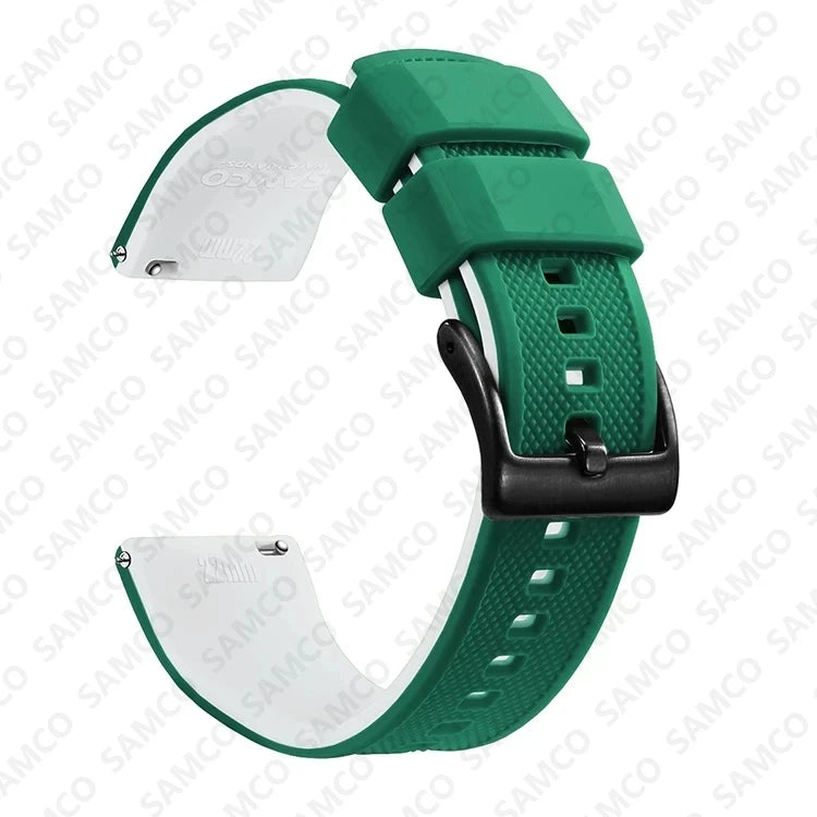 OnePlus Watch Band Quick Release Silicone Strap Sweat Resistant Black on a green silicone strap.
