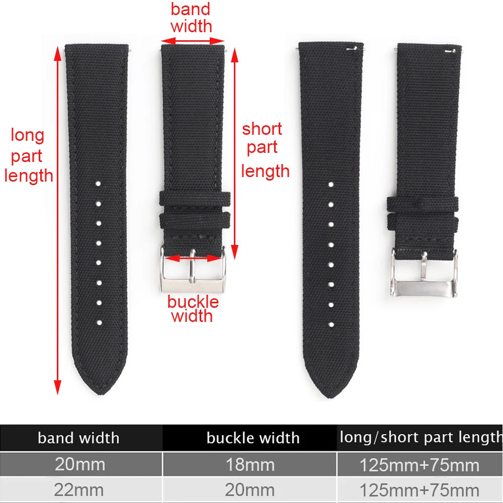Motorola Moto Sailcloth Nylon Watch Band with Pin Buckle — Strap measurement diagram