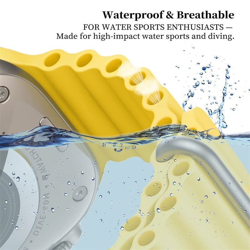 Close-up of a waterproof yellow silicone strap for Apple Watch, ideal for water sports and high-impact activities.