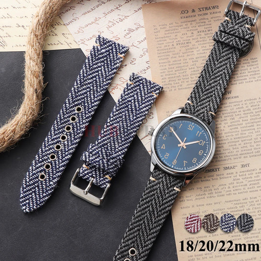 18/20/22mm Quick Release Herringbone Woven Band with a watch, shown in blue and black