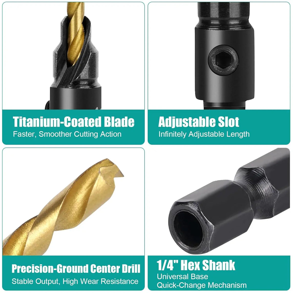 Countersink bit details: titanium-coated bit, adjustable slot, 1/4 in. hex shank