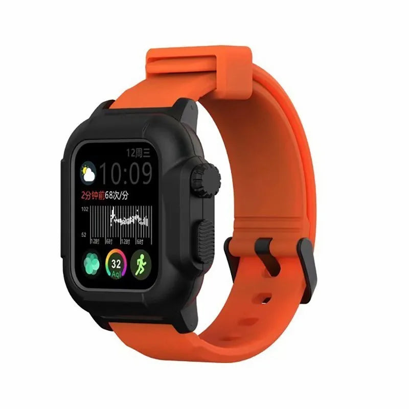 Apple Watch with black case and bright orange silicone strap, showcasing a waterproof luminous design and smartwatch features.