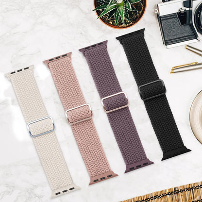 Apple Watch Braided Straps in four colors: cream, pink, purple, and black on a stylish background.