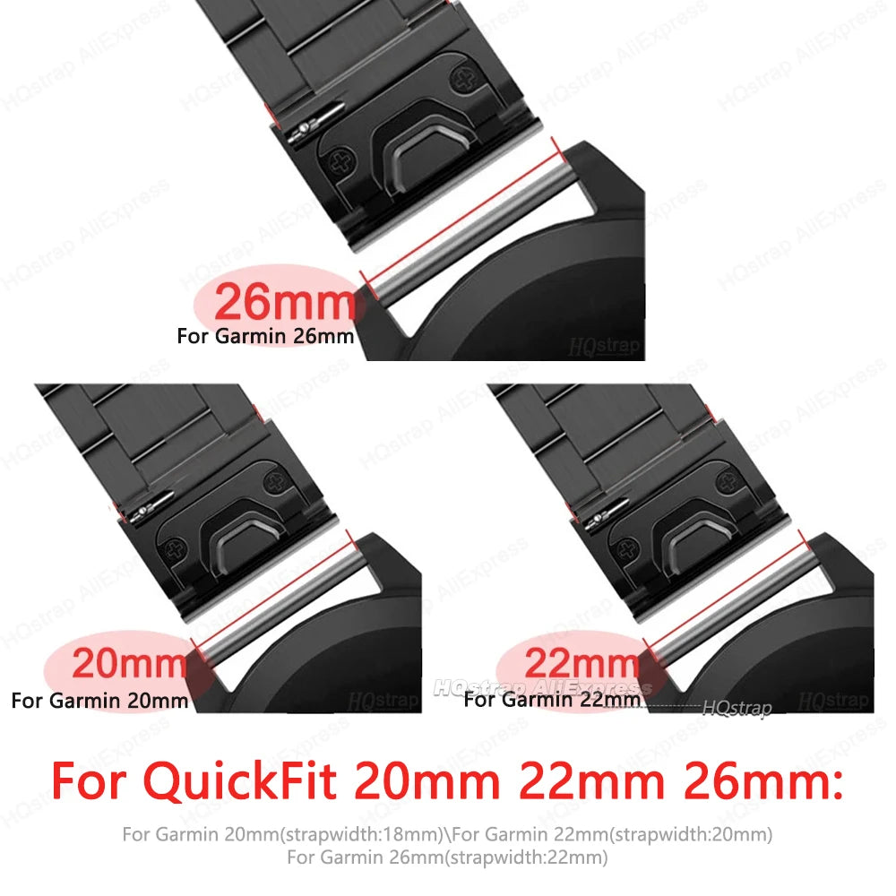 Garmin QuickFit Vintage Leather Band 20mm, 22mm and 26mm connector width diagram