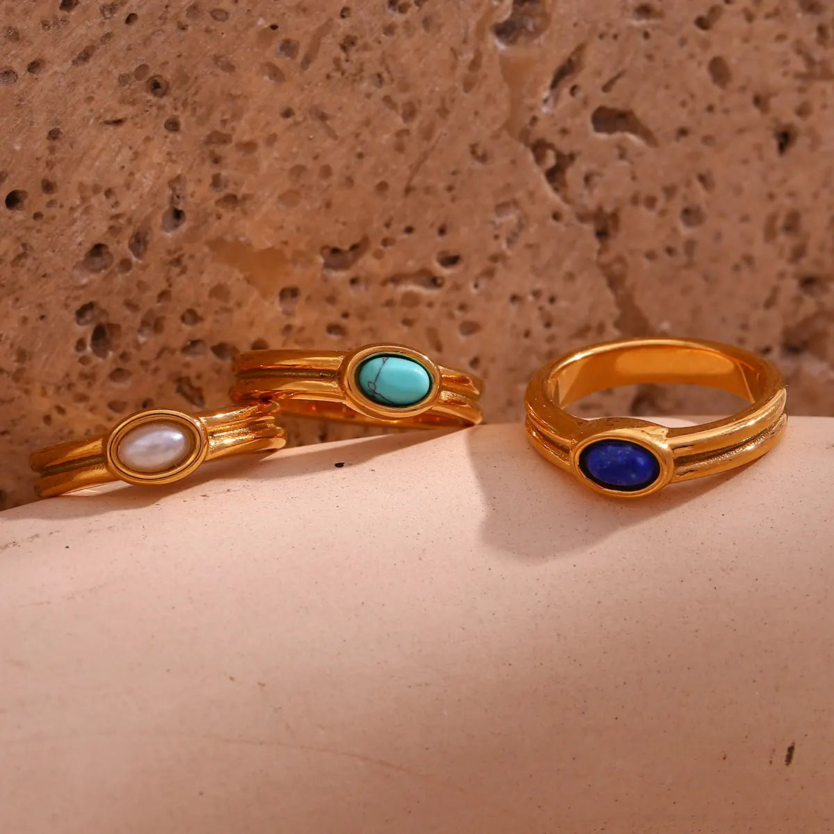 Paved lapis lazuli ring, gold-tone stainless steel