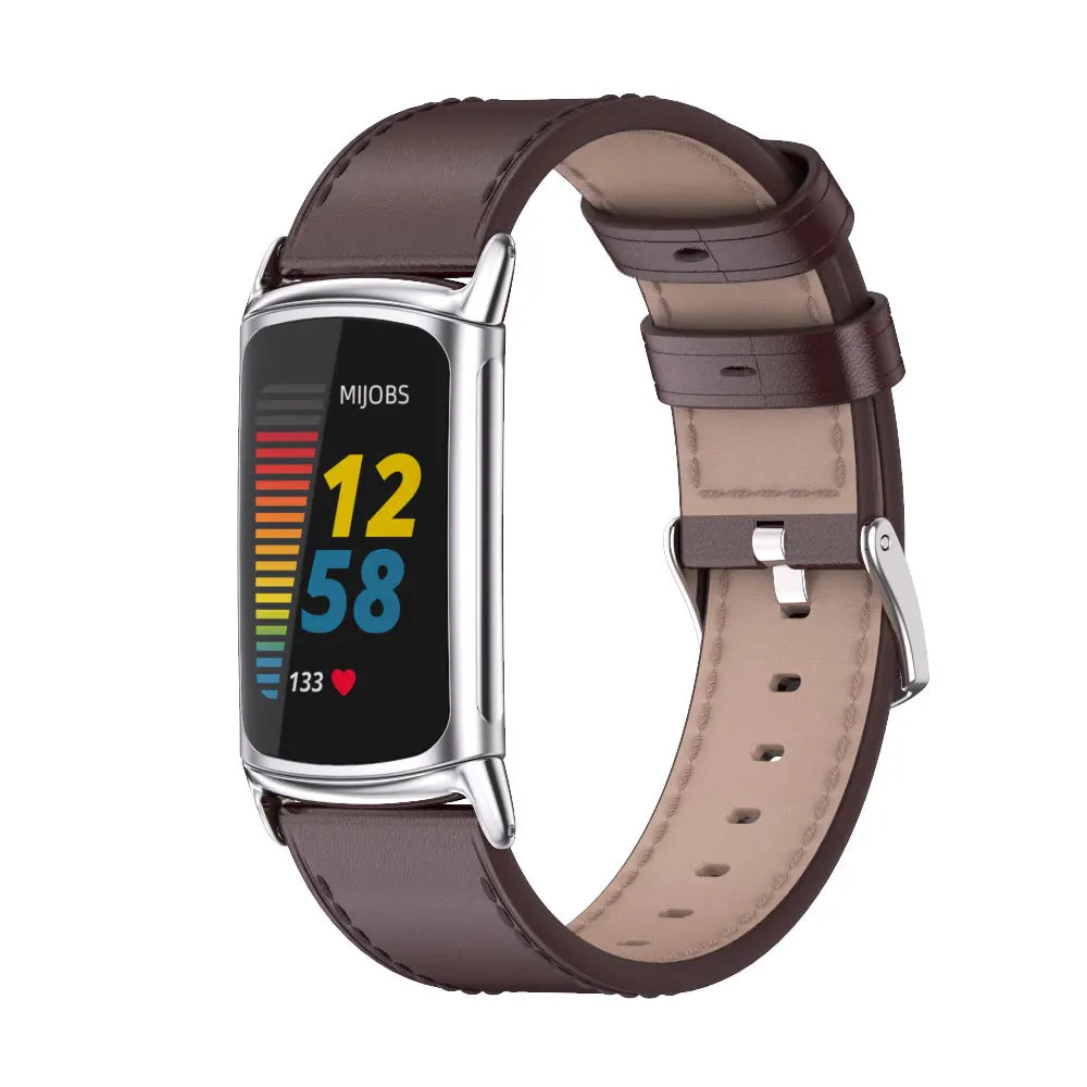 Fitbit Charge 5 with stylish microfiber leather strap in brown, perfect for smartwatch enthusiasts and everyday wear.