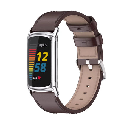 Fitbit Charge 5 with stylish microfiber leather strap in brown, perfect for smartwatch enthusiasts and everyday wear.