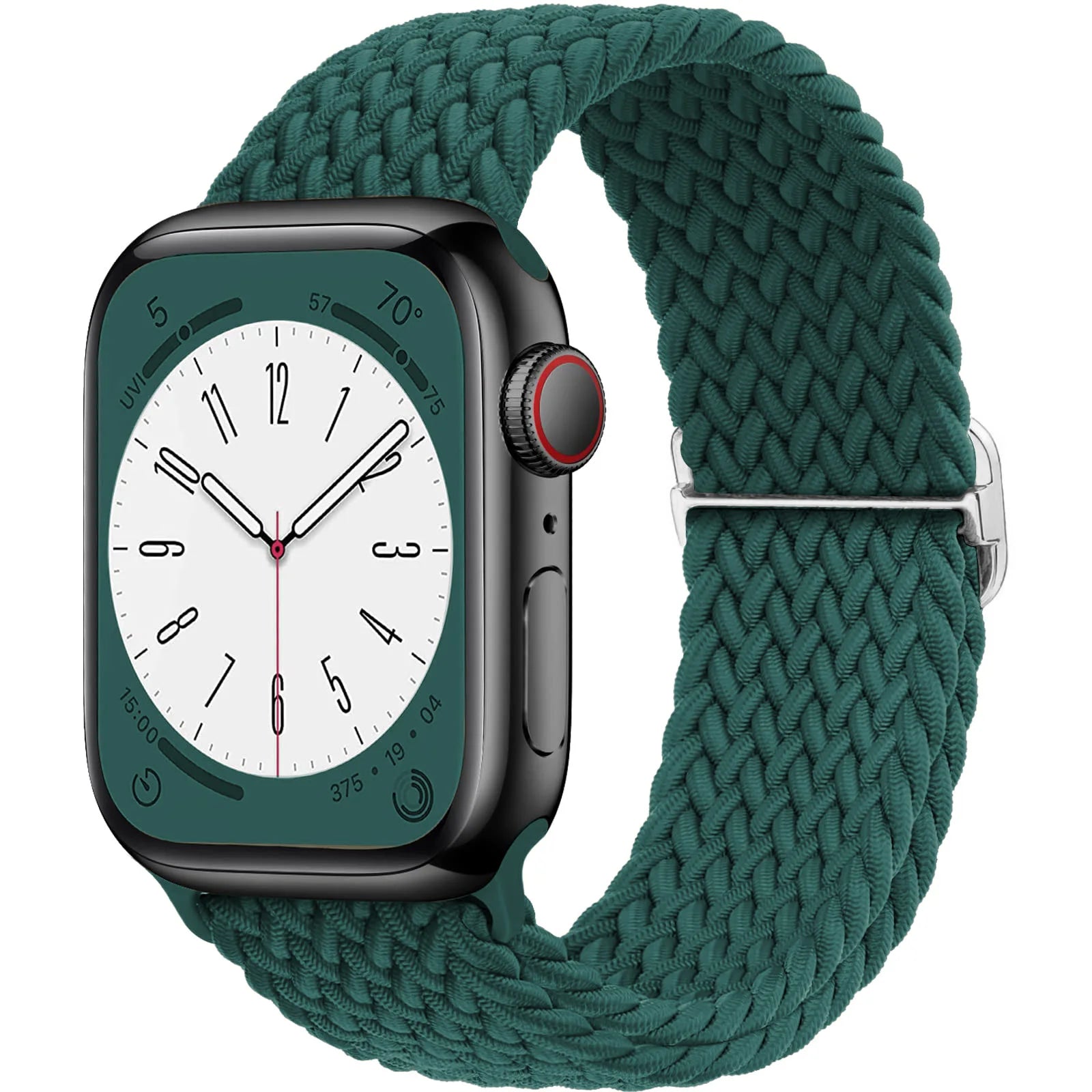 Apple Watch with braided soft elastic nylon strap in deep green, showcasing a stylish and comfortable daily wear option.