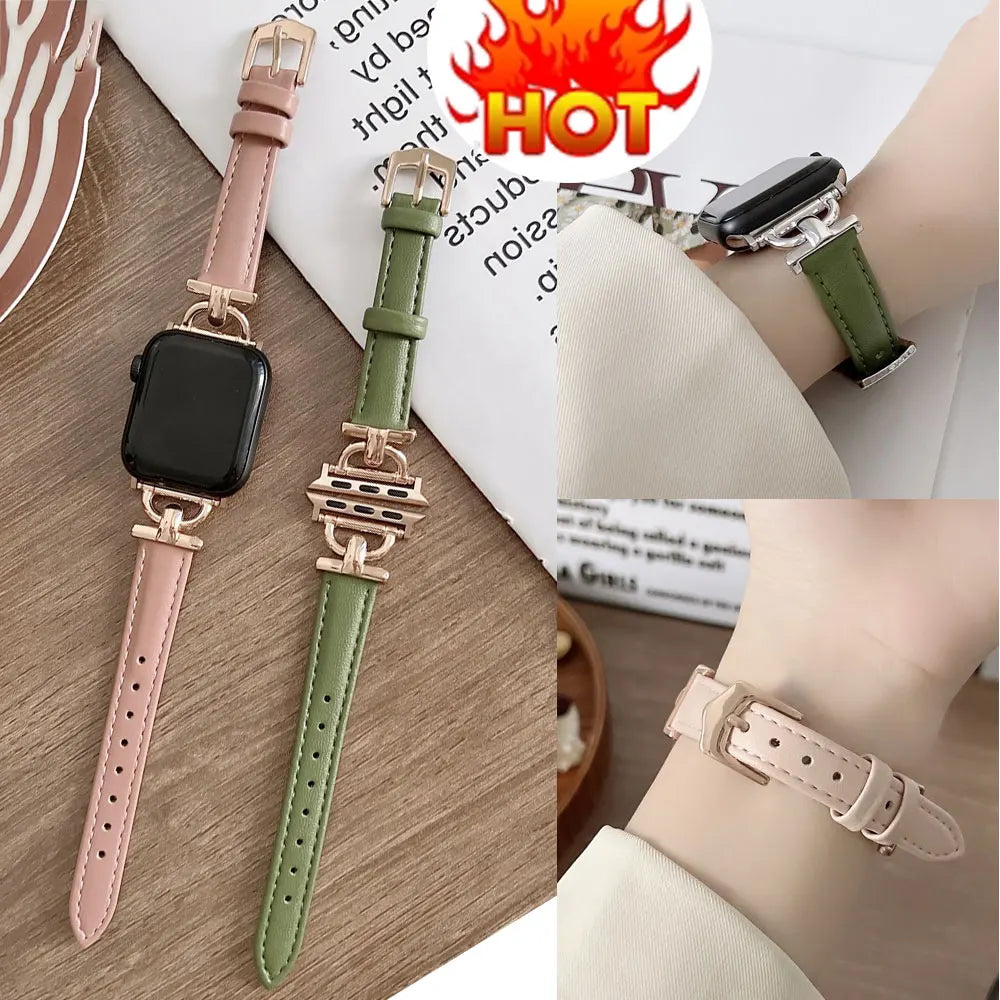 Apple Watch Genuine Leather Strap in pink and green, featuring a classic design and adjustable fit for stylish smartwatch enhancement.