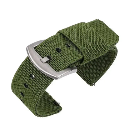Lightweight green nylon Suunto watch band with a comfortable fit and metal buckle, perfect for daily wear.