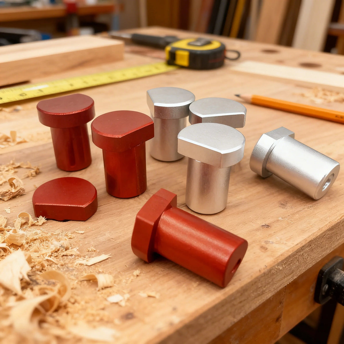 Aluminum bench dogs on a workbench