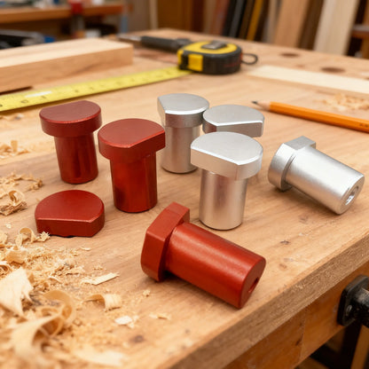 Aluminum bench dogs on a workbench