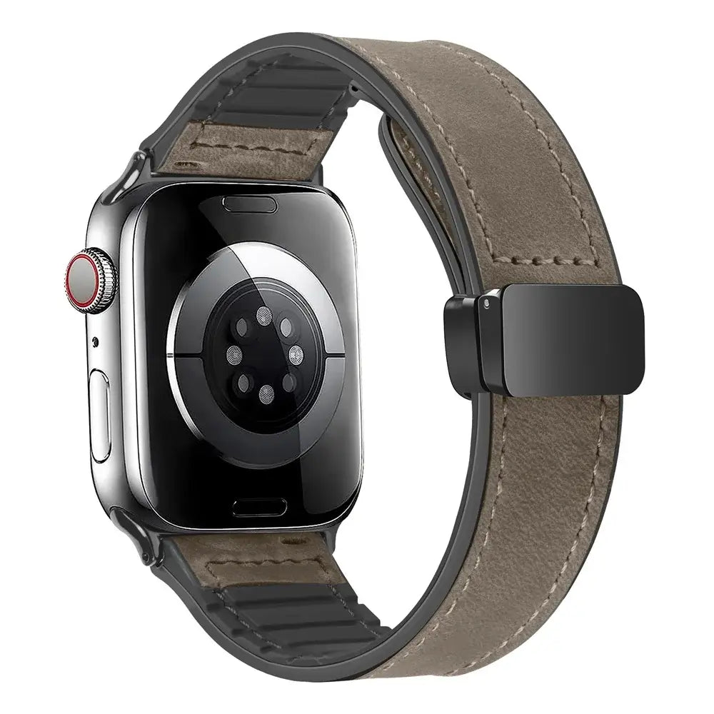 Taupe Gray stitched leather Apple Watch band with magnetic clasp