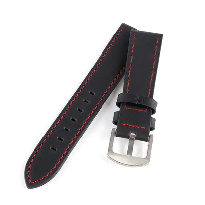 Black leather Ticwatch band with red stitching and silver buckle, suitable for various Ticwatch models.