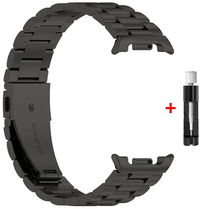 Samsung Galaxy Stainless Steel Link Watch Band - Watch8/Watch8 Classic/Watch9/Ultra/Ultra2 in black with adjustment tool.