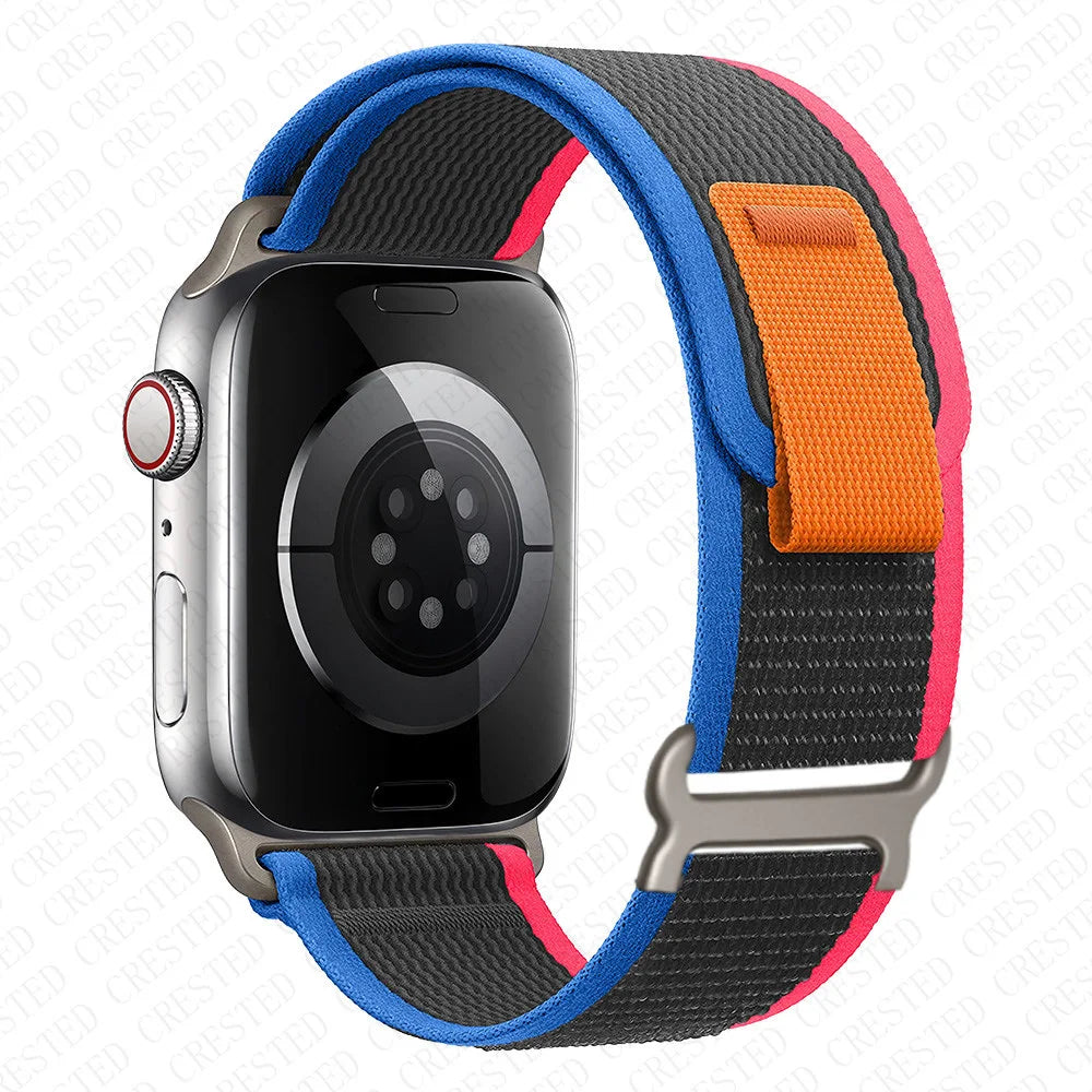 Apple Watch Trail Loop Nylon Strap in vibrant colors, durable and adjustable for comfort during any activity.