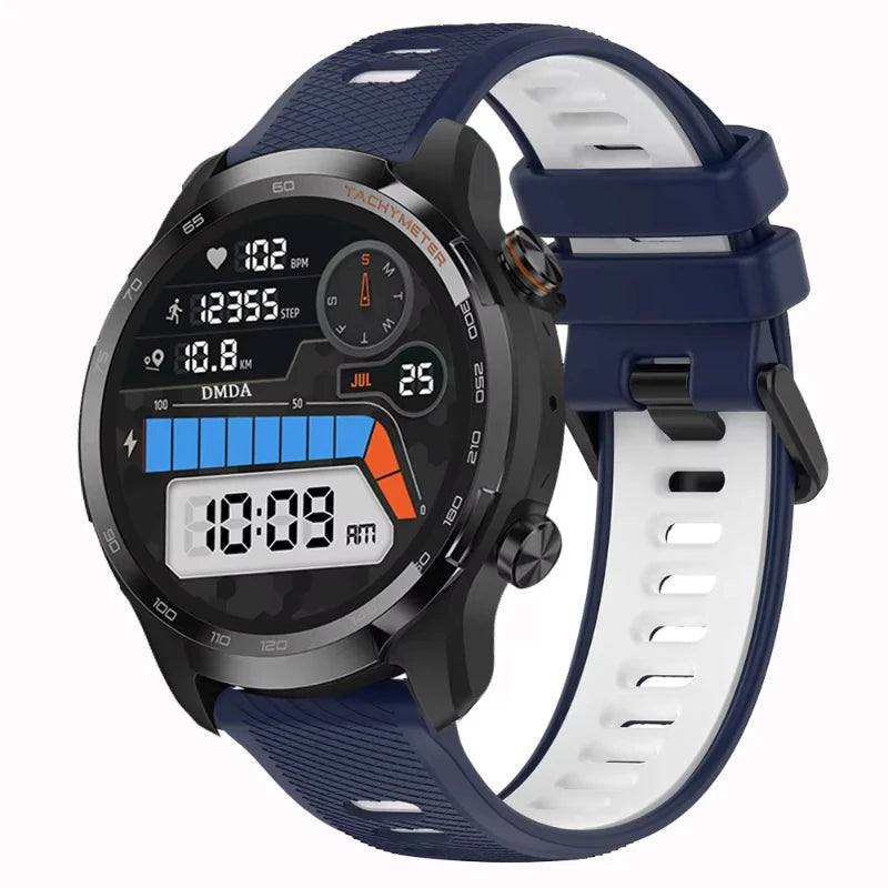 COROS Two-Tone Silicone Watch Band with Rectangular Holes - Navy and white band on watch
