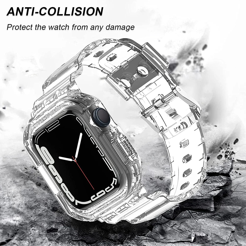 Transparent silicone strap for Apple Watch offering anti-collision protection and all-day comfort.