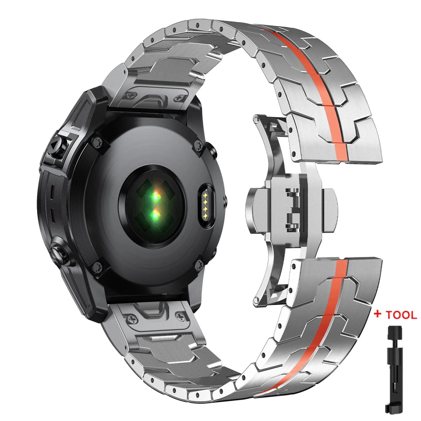 Garmin QuickFit stainless steel strap showcasing an elegant design, perfect for Garmin watches and smartwatches.