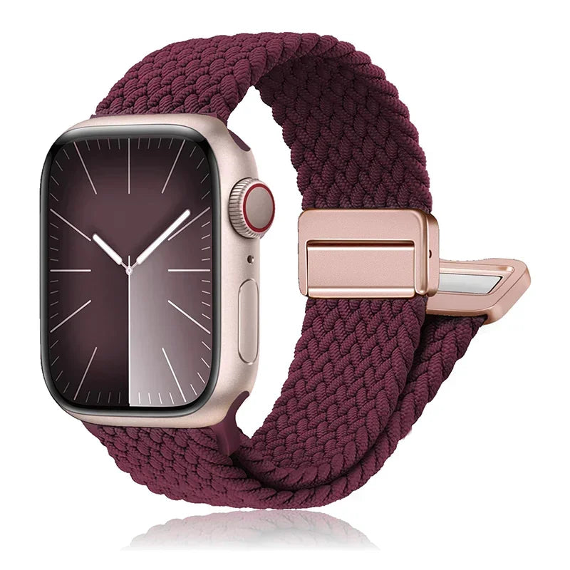 Apple Watch Nylon Band in braided burgundy with stainless steel buckle for comfort and versatility.