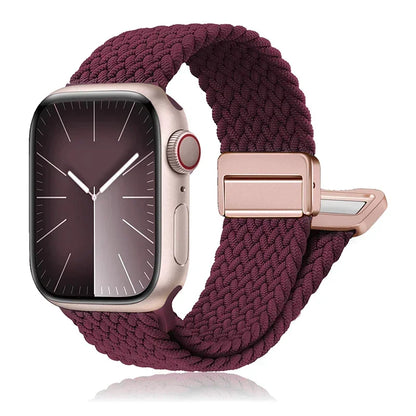 Apple Watch Nylon Band in braided burgundy with stainless steel buckle for comfort and versatility.